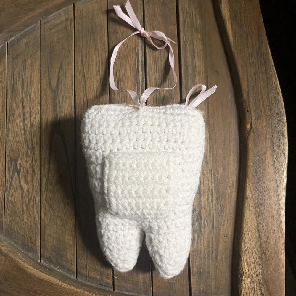 Handmade Crocheted Tooth Fairy Pillow Blue Eyes Pink Ribbon